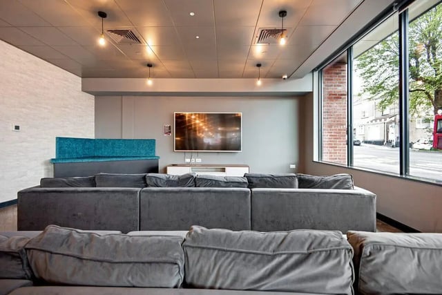 Gray sectional sofa television unit seating area living room at Coppergate Swansea in Swansea Student Accommodation
