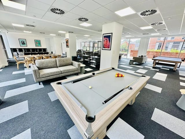 Pool table sofa dining area common room at Albany Student Village in Coventry Student Accommodation