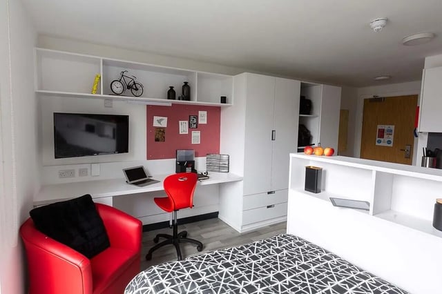 Desk chair red armchair and bed study area at Abbey House in Coventry Student Accommodation