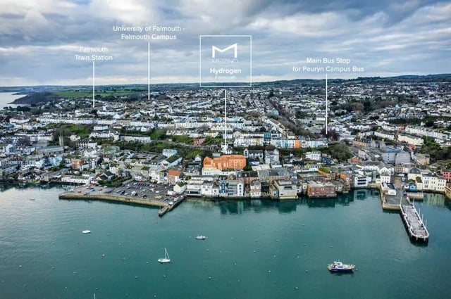 Aerial view of Mezzino Hydrogen Falmouth exterior at Hydrogen Falmouth in Falmouth Student Accommodation