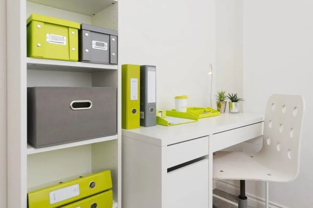 Desk with chair and organized storage study area at Froghall in Aberdeen Student Accommodation