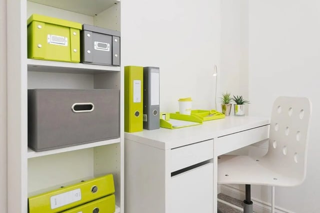 Shelving desk with files and chair study area at Froghall in Aberdeen Student Accommodation