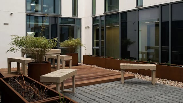 Benches plants and planters courtyard area at CityBlock Penny Street in Lancaster Student Accommodation