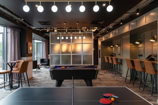 Ping pong table pool table bar lounge area communal space at West Village in Glasgow Student Accommodation