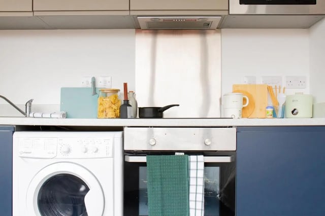 Washing machine oven cooking utensils kitchen at Trapezium in Leeds Student Accommodation