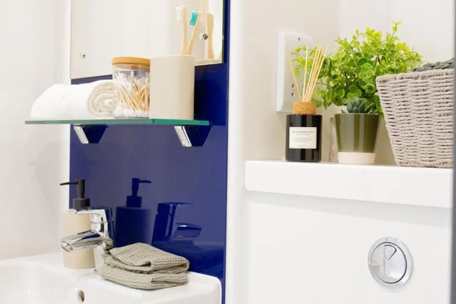 Sink toiletries diffuser plants basket bathroom at Trapezium in Leeds Student Accommodation