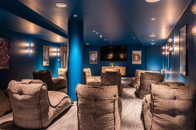 Beanbag chairs and television in blue room cinema at Trapezium in Leeds Student Accommodation