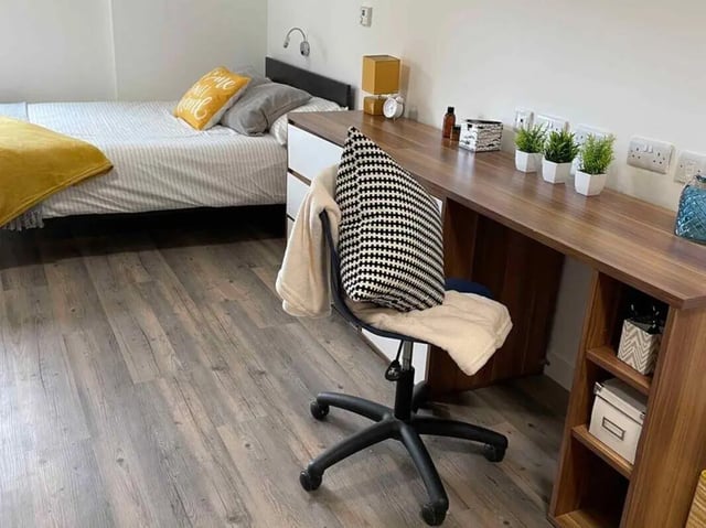 Bed desk chair and plants bedroom study area at Austin Hall in Leeds Student Accommodation