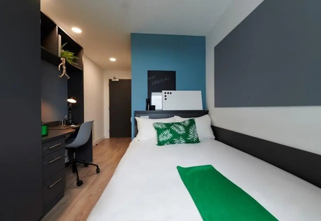 Bed desk and chair study area bedroom at Beckett House in Dublin Student Accommodation