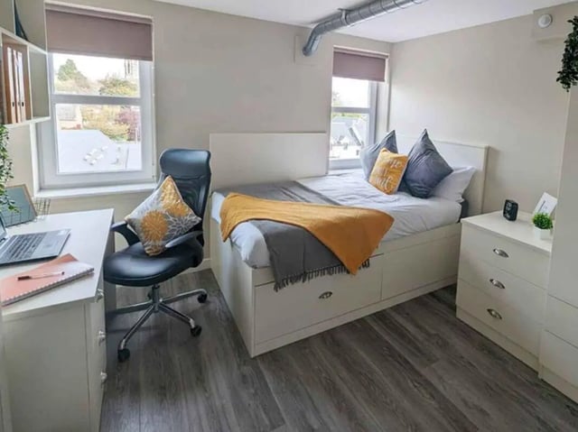 Bed desk chair and chest of drawers bedroom at Peterson Hall in Dundee Student Accommodation