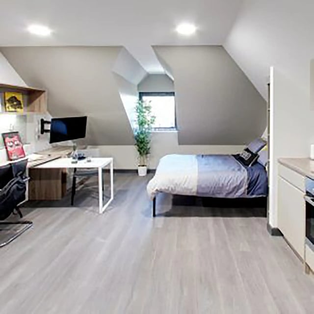 Bed desk plant and kitchen area studio apartment at Sycamore House in Leeds Student Accommodation