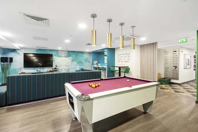 Pool table with balls sofa television and bar area common room at Sycamore House in Leeds Student Accommodation