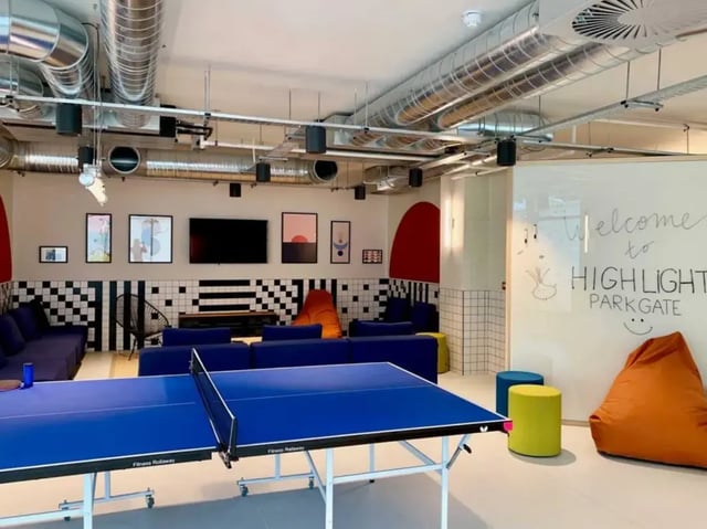 Ping pong table lounge area with bean bags at Highlight Parkgate in Dublin Student Accommodation
