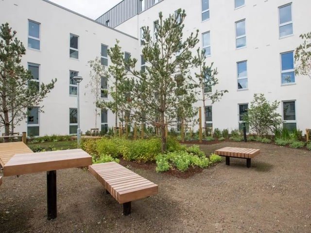Wooden benches surrounding landscaped garden exterior at Highlight Parkgate in Dublin Student Accommodation