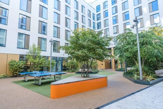 Ping pong tables and trees exterior at Cork Street Residence in Dublin Student Accommodation