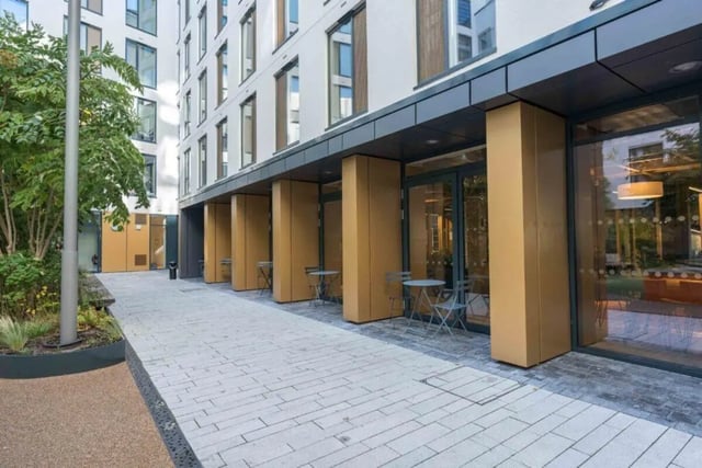 Patio with tables chairs exterior at Cork Street Residence in Dublin Student Accommodation