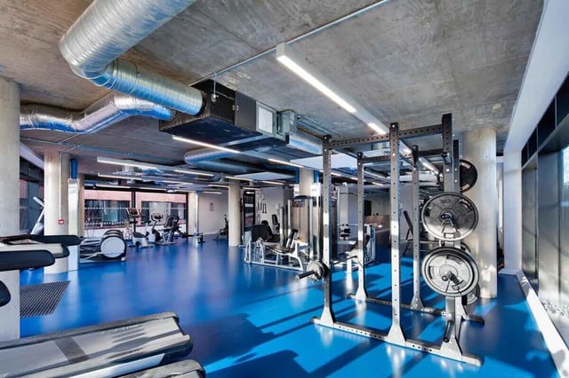 Gym with weight racks treadmills and exercise bikes gym at Highfield House in Dublin Student Accommodation