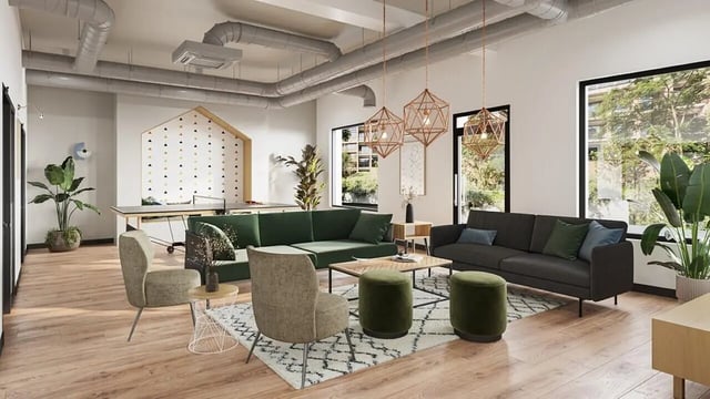 Sofas coffee table ottomans ping pong table living room at Ashlin House in Cork Student Accommodation
