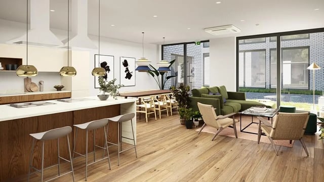 Kitchen island bar dining living area living room at Ashlin House in Cork Student Accommodation