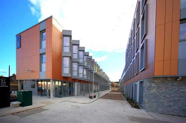 Modern student accommodation with patterned facade exterior at Curraheen Point in Cork Student Accommodation