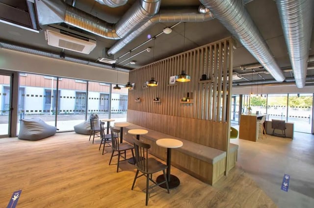 Beanbags tables chairs built in bench living area at Curraheen Point in Cork Student Accommodation