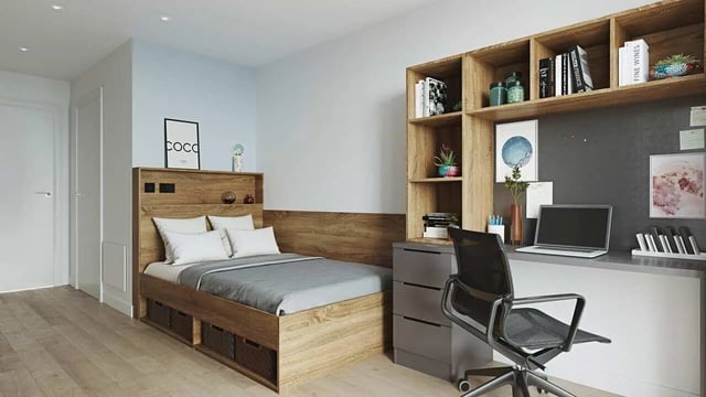 Bed desk shelves laptop chair bedroom at Curraheen Point in Cork Student Accommodation