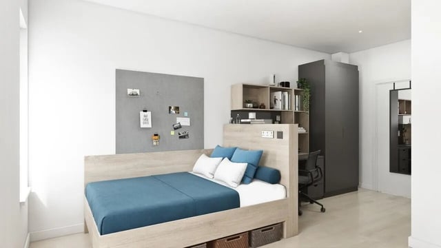 Bed desk shelves wardrobe and mirror bedroom at Ardee Point in Dublin Student Accommodation