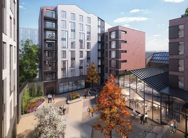Modern apartment buildings with outdoor seating area exterior at Ardee Point in Dublin Student Accommodation