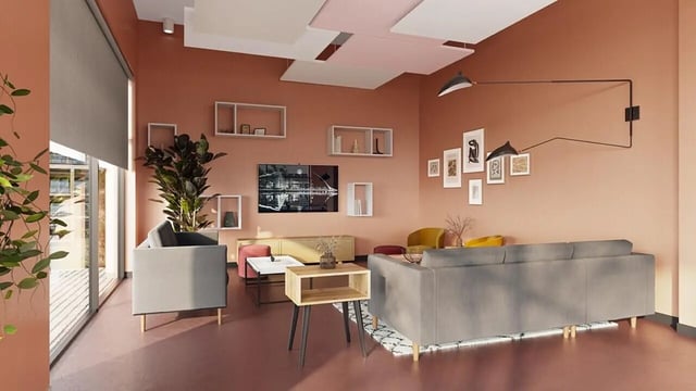 Two grey sofas television and art living room at Ardee Point in Dublin Student Accommodation