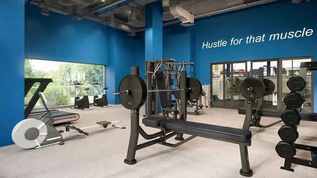 Gym with weight bench treadmills and rowing machine playing area at Ardee Point in Dublin Student Accommodation