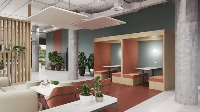 Booth seating with tables plants and sofa study area at Ardee Point in Dublin Student Accommodation