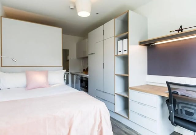 Bed desk kitchen and storage studio apartment at Stephen's Quarter in Dublin Student Accommodation