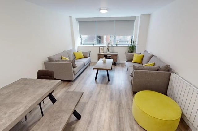 Sofa coffee table dining table living room at Mayor Square in Dublin Student Accommodation