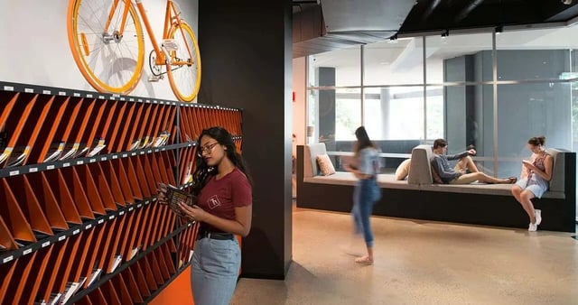Mailboxes bicycle and seating area lounge at Iglu Kelvin Grove in Brisbane Student Accommodation