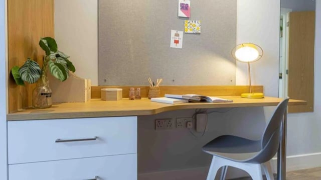 Desk with lamp plant and chair study area at iQ Abacus House in Brighton Student Accommodation