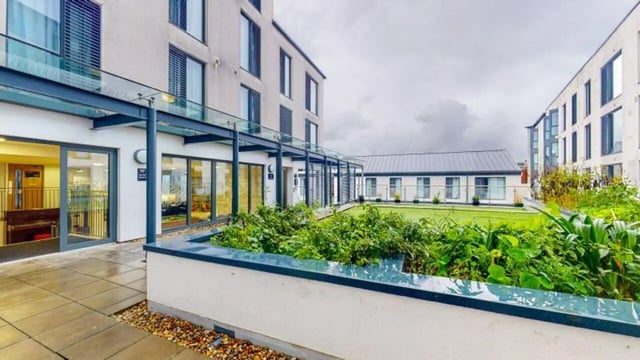 Courtyard with lawn and planted beds exterior at iQ Abacus House in Brighton Student Accommodation