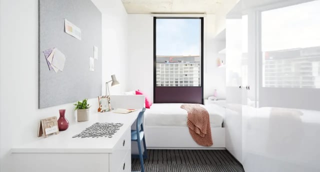Desk bed wardrobe with pinboard Bedroom study area at Scape South Bank in Brisbane Student Accommodation