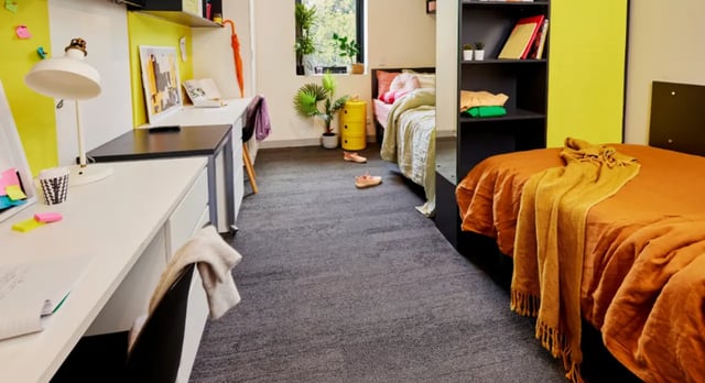 Two desks beds and bookshelf bedroom at Scape Glebe in Sydney Student Accommodation