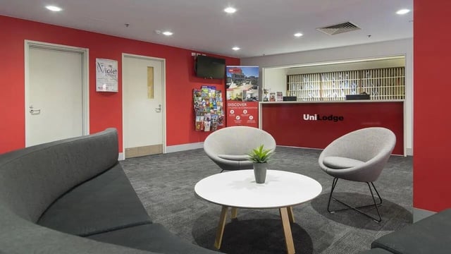 Sofa chairs table reception area lobby at UniLodge @ Metro Adelaide in Adelaide Student Accommodation