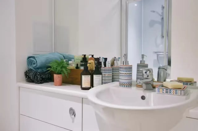 Towels plant toiletries soap dispenser sink bathroom at Centro Court in Aberdeen Student Accommodation