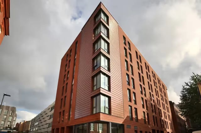 Modern brick building with numerous windows exterior at Portobello House in Sheffield Student Accommodation