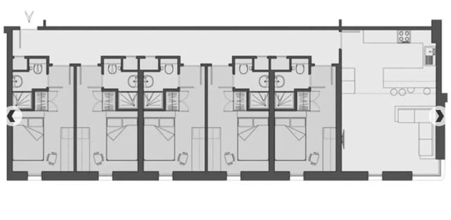 Four bedrooms with beds desks and bathrooms kitchen and living room Floor plan at Grenville Street in Liverpool Student Accommodation