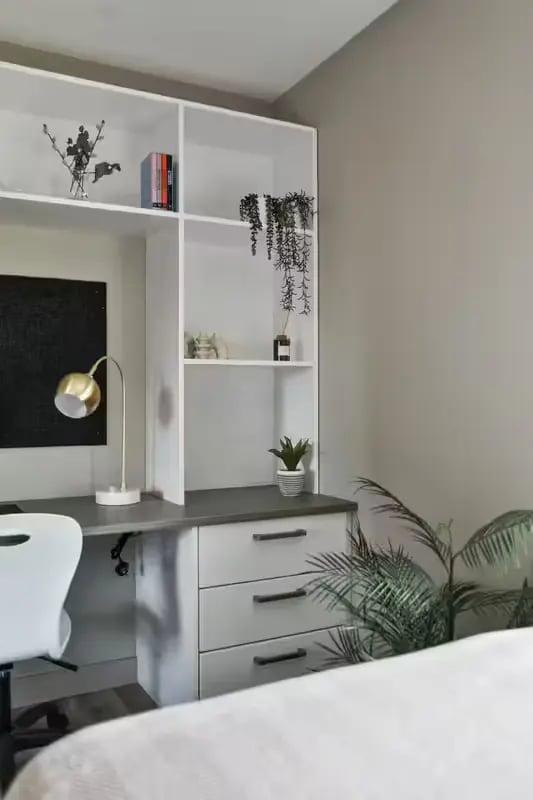 Desk with lamp shelves and plants Study area at Talbot Point in Nottingham Student Accommodation