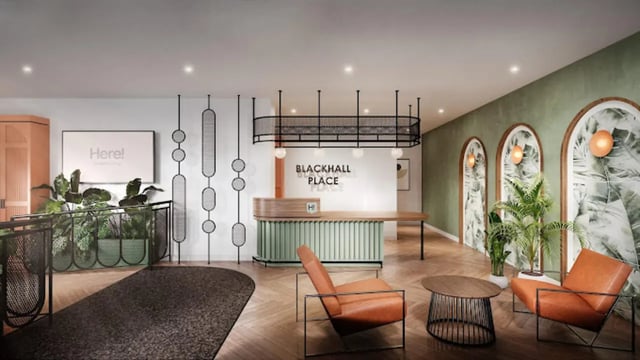Reception area with seating and plants. at Arasain P&V in Dublin Student Accommodation