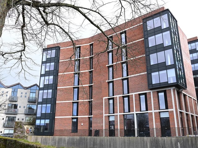Modern brick building with many windows exterior at Lee Point in Cork Student Accommodation