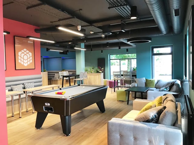 Pool table lounge area with sofas and tables lounge area at Melbourn Point in Cork Student Accommodation