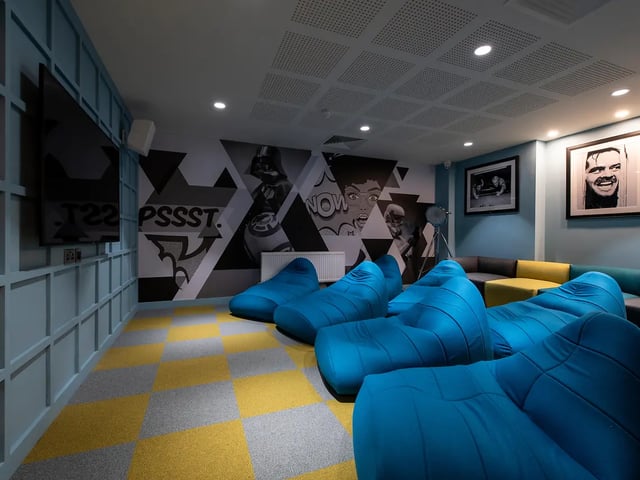 Blue beanbags and sofas gaming area living room at Ardcairn House in Dublin Student Accommodation