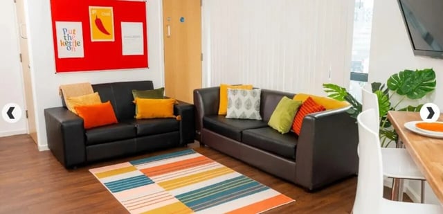 Two black sofas colorful rug living room at Marybone Student Village 3 in Liverpool Student Accommodation