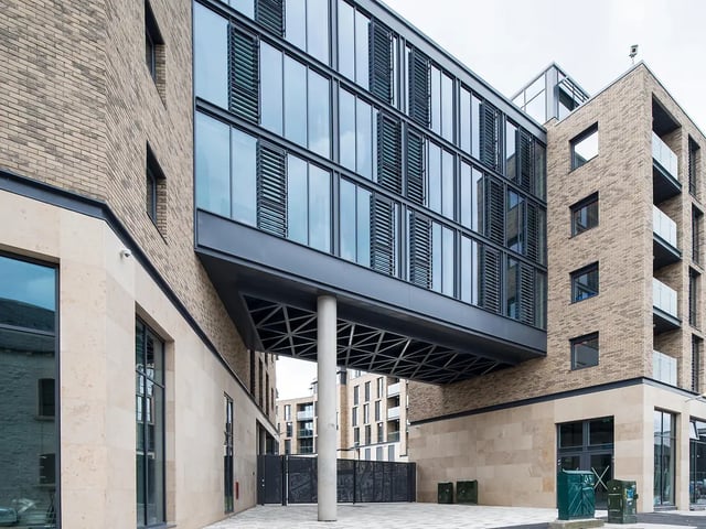 Modern brick building with glass facade exterior at New Mill in Dublin Student Accommodation