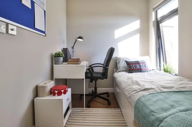 Desk chair bed pillow and plant Bedroom at Library Lofts in Exeter Student Accommodation